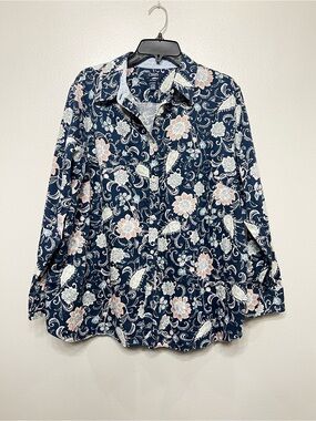 Chaps Navy Floral Print Collared Button-Up Shirt‎ Lightweight Coastal Paisley